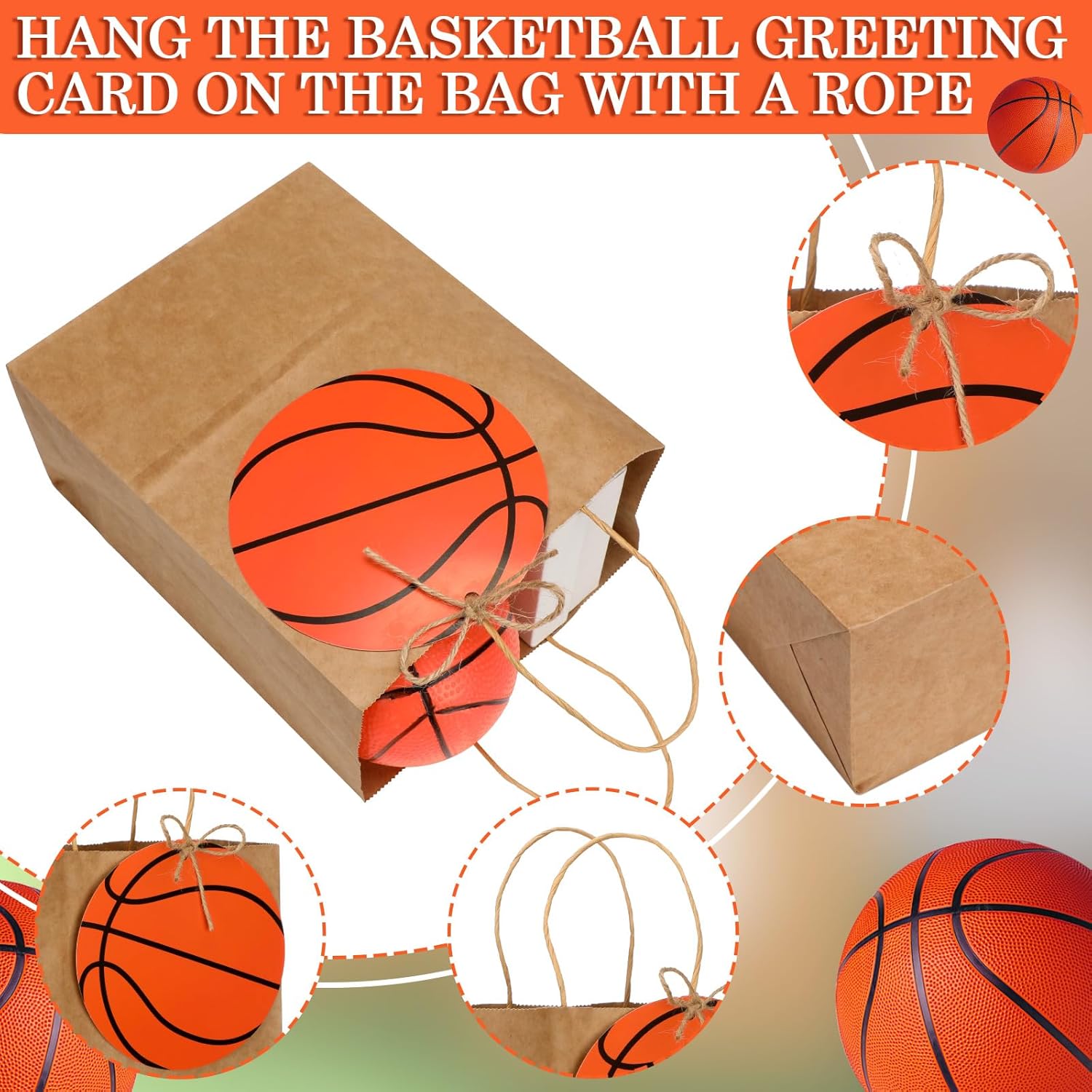 Dansydaisy 12 Sets 10.6 Inch DIY Basketball Paper Gift Bag Sets with Handles Personalized Basketball Party Favor Bags Include Tags Marker Jute Rope Paper Goodie Bundle for Sport Party Supplies - Image 2