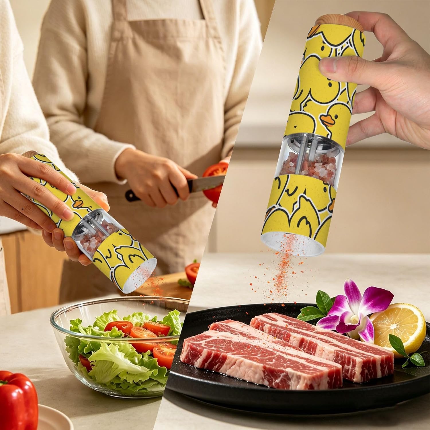 ALAZA Electric Pepper Grinder with Adjustable Coarseness, Cartoon Yellow Duck Cute Animals Battery Automatic Salt and Pepper Mill with Led, One-Handed Operation Spice Grinder for Kitchen, Camping & BB