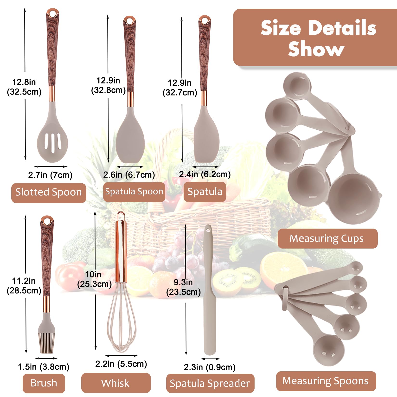 Silikon-Küchenutensilien-Set mit Halter, 24-teiliges Kochutensilien-Set, Holzmuster-Griff, Silikon-Utensilien zum Kochen mit Lebensmittelsicherheitswender, Nudelheber, Skimmer, Schöpflöffel, Zange,