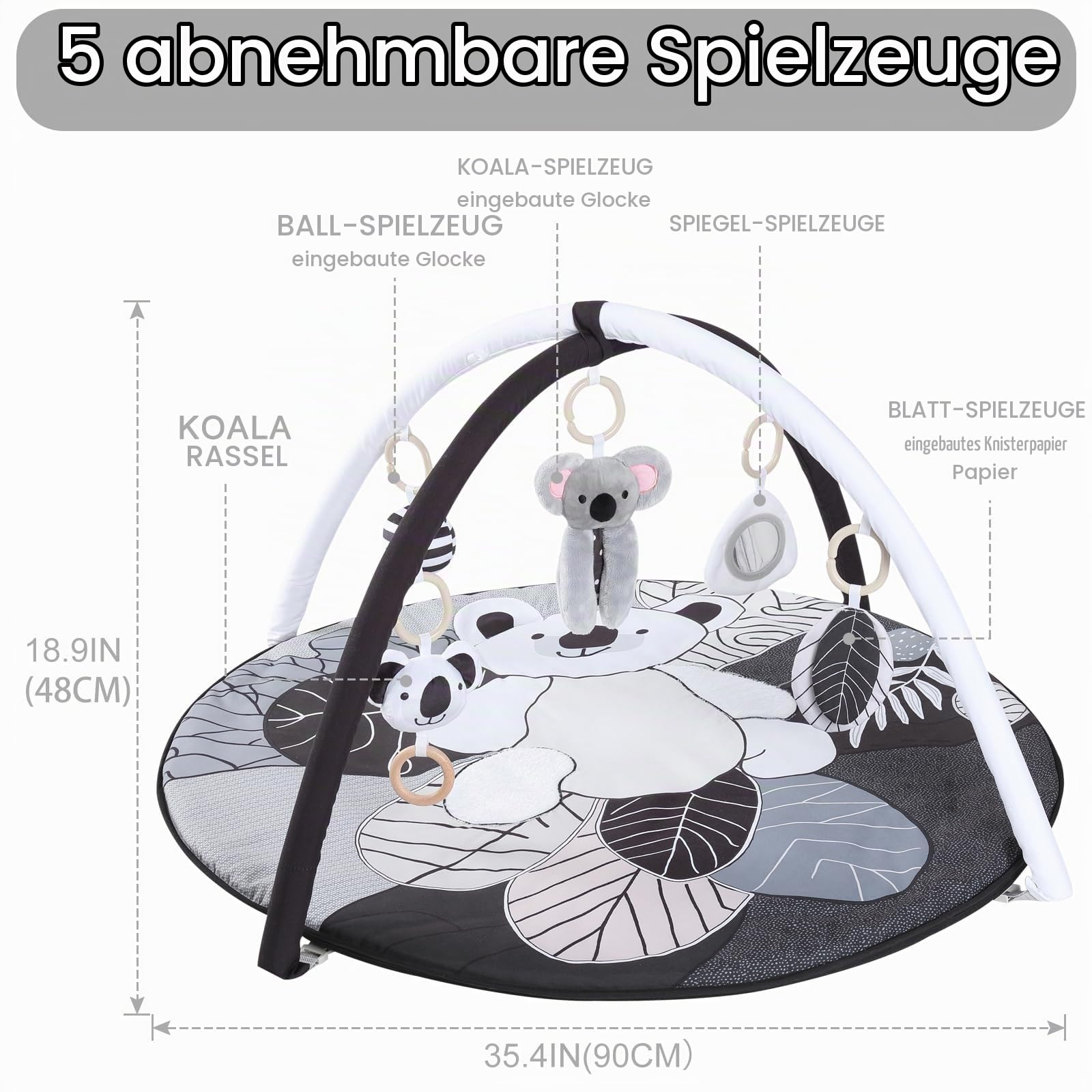 4 IN 1 Spielbogen Baby, Schwarz und weiß Spielmatte Babies mit 5 abnehmbaren Spielzeugen zum Greifen, für 0-3-6-12-36 Monaten