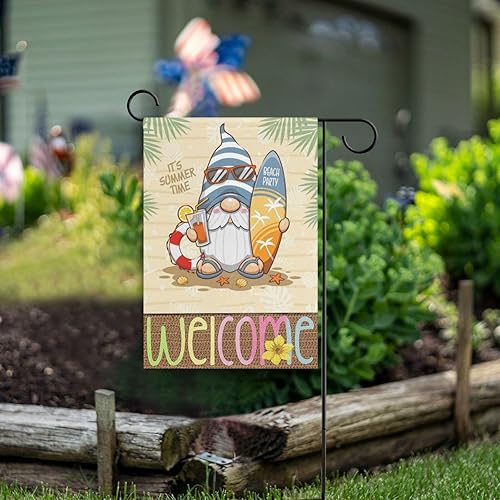 Miniatura 6 de Pfrewn Bandera de casa de gnomo de playa de verano, 28 x 40 pulgadas, de doble cara, Hello Summer Orange Juice Lifebuoy Sand Vertical Garden Yard