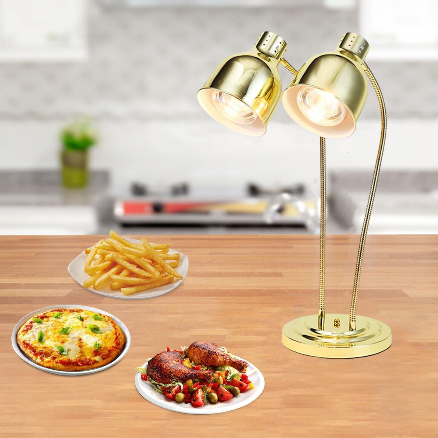 Lampe chauffante pour restauration et buffet chic avec double bras flexible doré