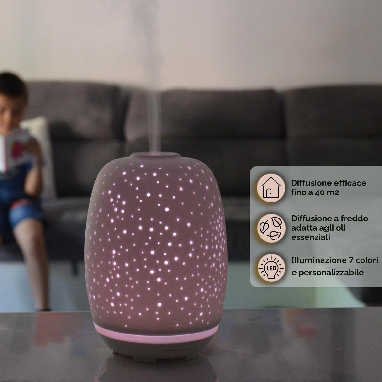 Zen'Aroôme Diffusore di Olio Essenziale Stella - Ultrasonico Aromaterapia a Freddo - Elettrico Multifunzione in Ceramica - Illuminazione LED d'Atmosfera Colorata - Spegnimento