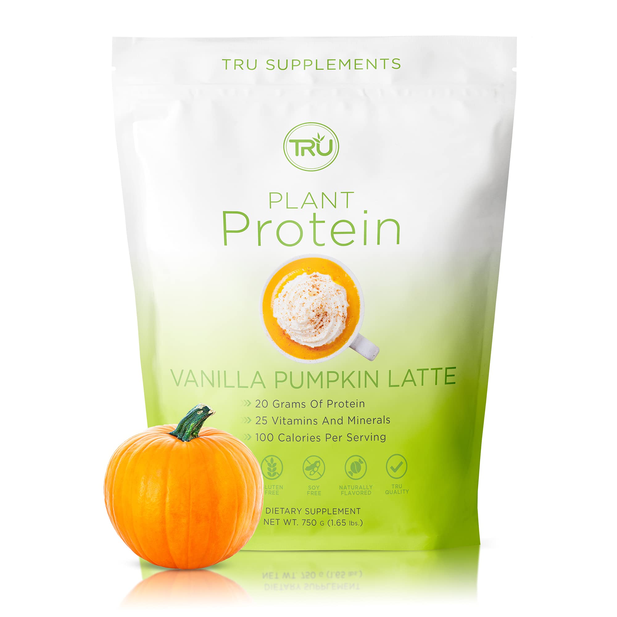 TRU Plant Based Protein Powder, BCAA, EAA, 20g Vegan Protein, 100 Calories, 27 Vitamins, No Artificial Sweeteners 25 Servings (Vanilla Pumpkin Latte)