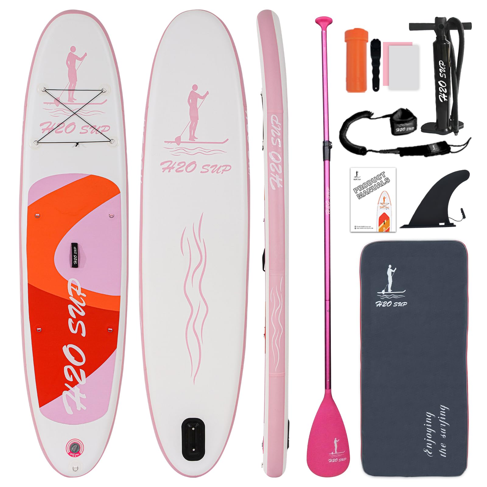 H2OSUP Tabla de Remo Inflable de 10 pies 6 Pulgadas x 30 x 6 Pulgadas, Tabla de Remo Gruesa con Remo, Aleta, Bomba de Mano, Correa, Kit de reparación, Mochila para jóvenes y Adultos