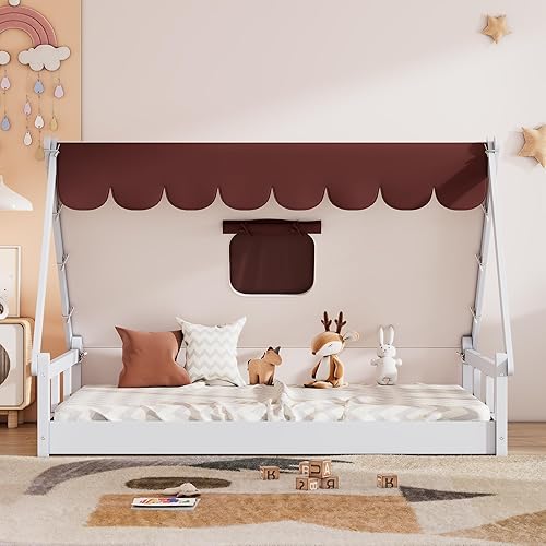 Harper & Bright Designs Marco de cama de tamaño matrimonial para niños, cama de madera con tela, marcos de cama para niños con valla y techo, cama