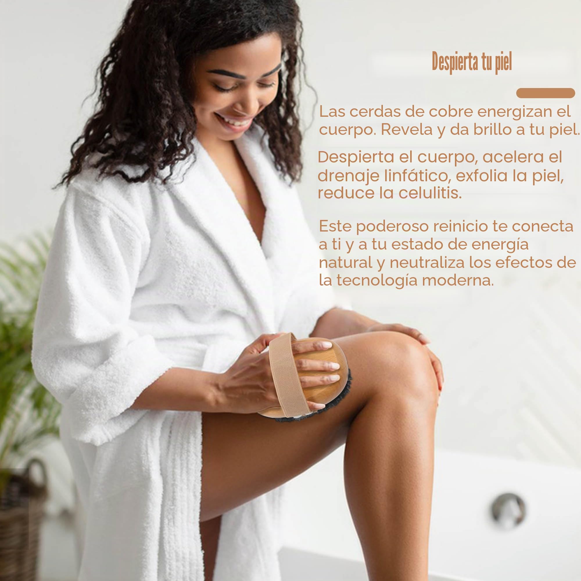 OWIIZI Cepillo corporal de cepillado seco de cobre con cerdas suaves de cobre cargado de iones, exfoliante de madera antideslizante, exfoliante corporal de masaje