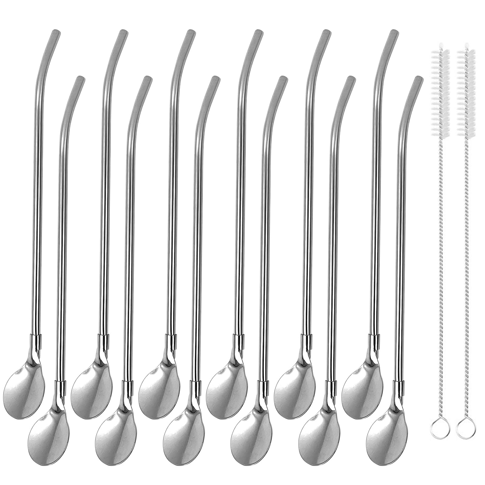 12 Stück Strohhalm Löffel 2 in 1 Strohhalme Edelstahl Trinkhalme Strohhalmlöffel mit 2 Stück Reinigungsbürste für als Latte Macchiato Cocktail Milchshakes, Silber