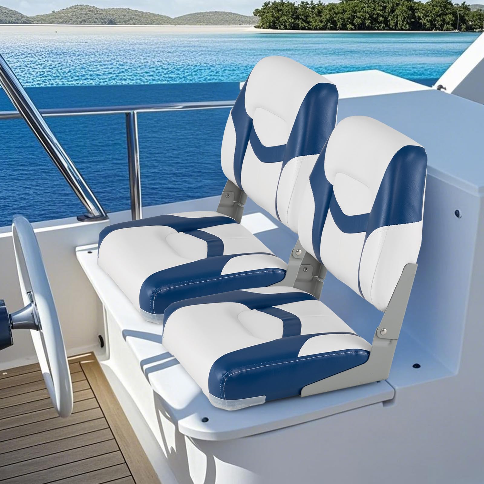 HOMASIS 2 Sedili per Barca Pieghevoli, Sedie da Yacht Ergonomiche con Imbottiture Impermeabili e Schienale Alto, con Cinghie e Viti di Fissaggio (Blu e Bianco, 42 x 50 x 51 cm)