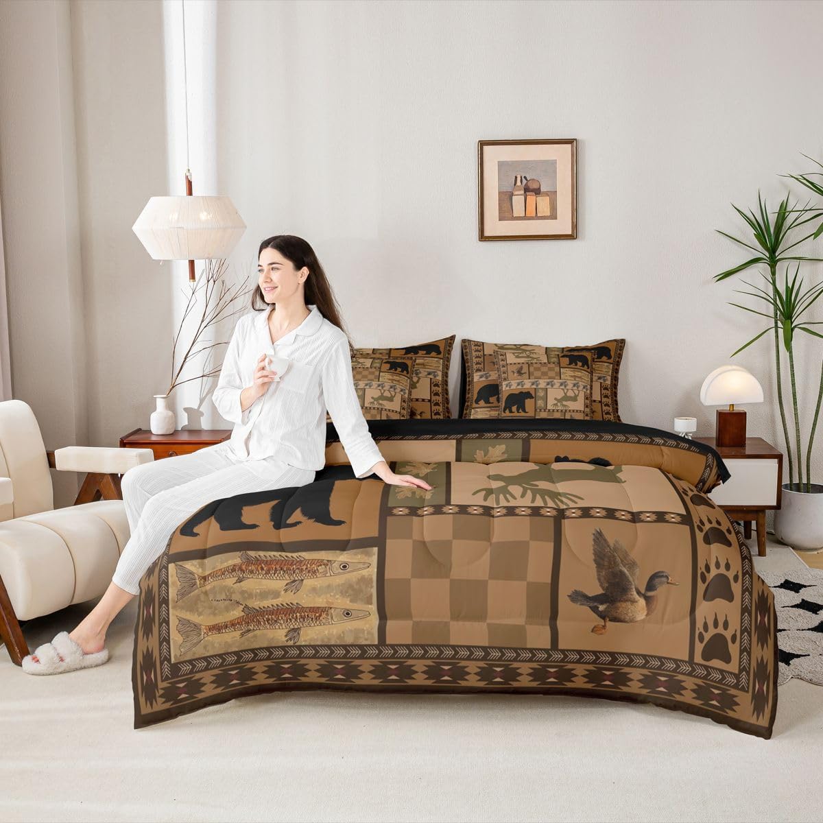 Feelyou Vintage Rustic 7 Piece Bedding Set Bear Deer Mallard Fish Comforter Set with Sheets for Kids Boys Girls Bohemain Geometric Bed in a Bag Wild Animal Bed Set Soft Lightweight