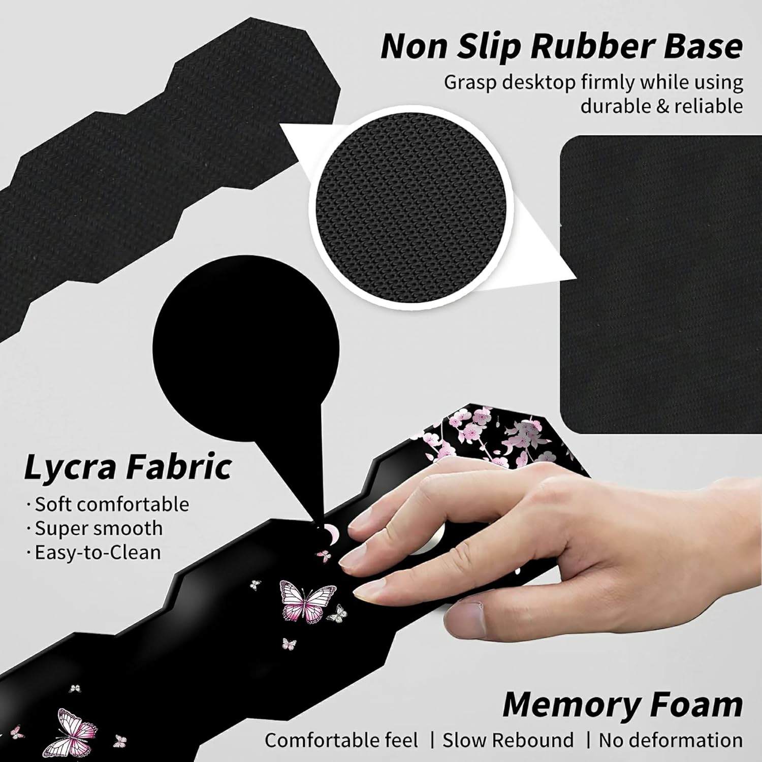 Mouse Pad with Stitched Edges+Keyboard Wrist Rest+Wrist Support+Coaster 4pcs Set Butterflies Cherry Blossom Theme, Easy Typing Pain Relief, Memory Foam Mouse pad Set for Computer Laptop Office Home