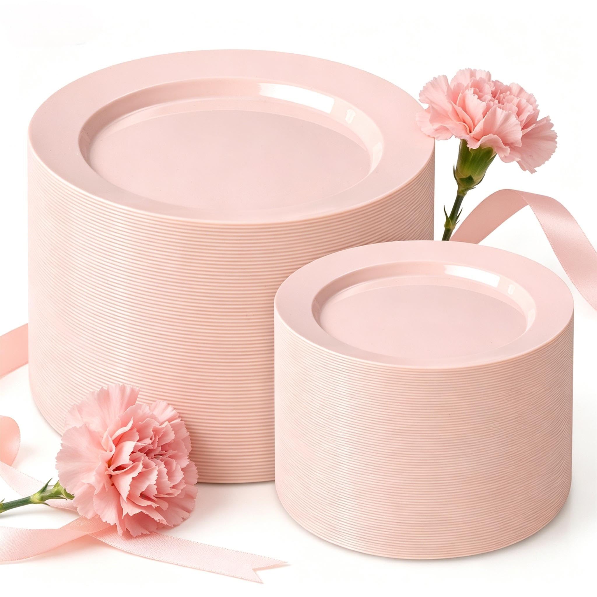 Photo 1 of FLOWERCAT 200PCS Pink Plastic Plates Disposable Plates for Party - Heavy Duty Plastic Plates - 100 10" Pink Dinner Plates and 100 7" Pink Salad Plates for Weddings,Parties,Mother's Day