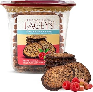 Laceys Gourmet Cookies | Light and Crispy Delicious Cookies | Handcrafted by Desserts On Us (8 Ounce Tub, Dark Chocolate & Almond with Raspberry Rhubarb)