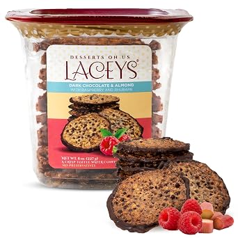 Laceys Gourmet Cookies | Light and Crispy Delicious Cookies | Handcrafted by Desserts On Us 8 Ounce Tub, Dark Chocolate & Almond with Raspberry Rhubarb