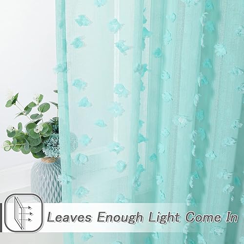 Miniatura 5 de MYSKY HOME - Cortinas con pompón azul agua para dormitorio, cortinas para habitación de niñas, cortinas bohemias para ventanas con filtro de luz