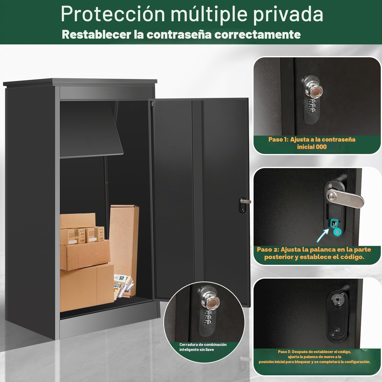 Buzón para exteriores, caja de paquetes con cerradura de combinación, acero inoxidable con recubrimiento en polvo, funcionalidad impermeable y antirrobos (63 x 48 x 112 cm)