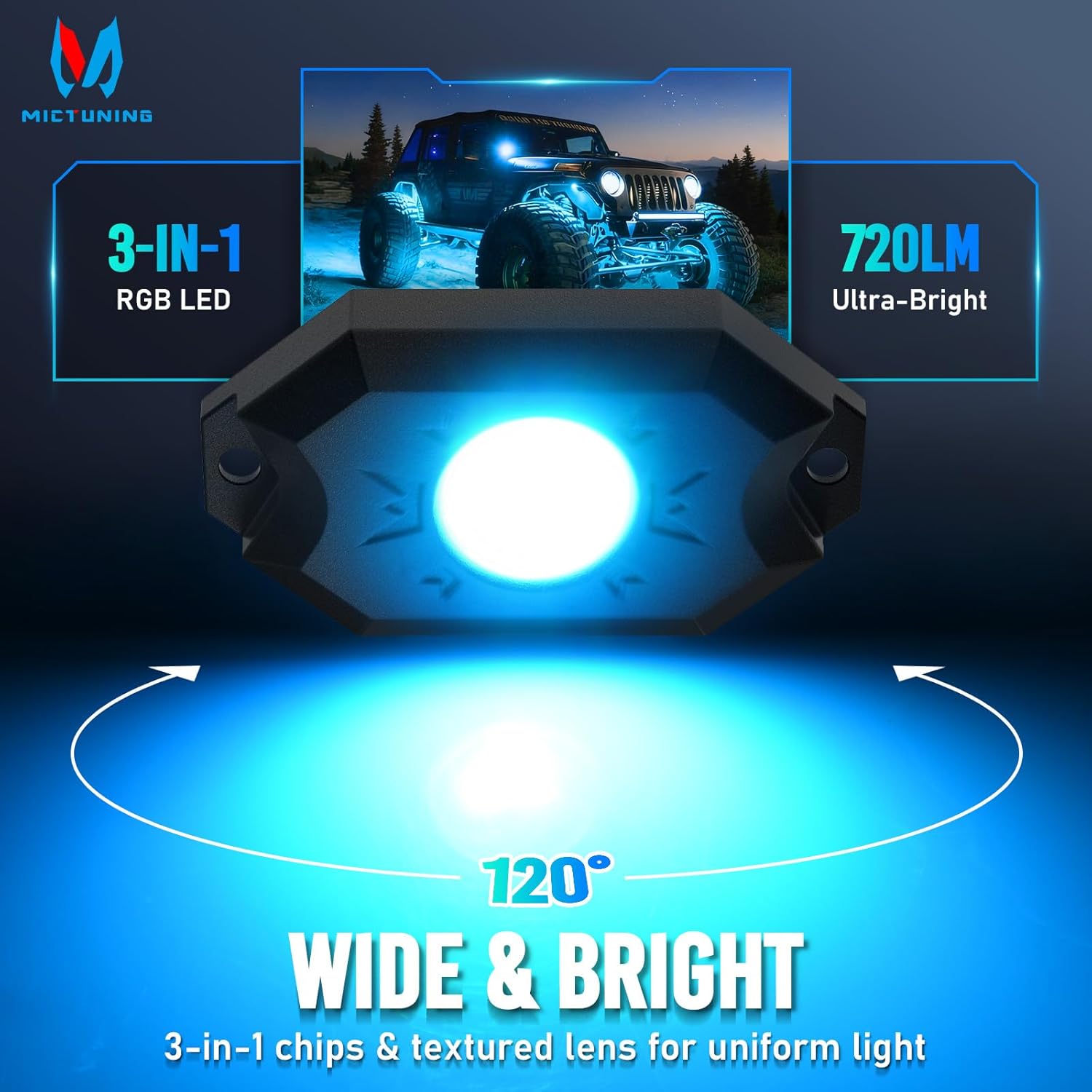 MICTUNING 2nd-Gen CM RGB Rock Lights - 4 Pods Waterproof Multicolor Neon Underglow Kit with Bluetooth App Control & Music Mode for Trucks Pickup UTV SUV ATV （2 Year Warranty）