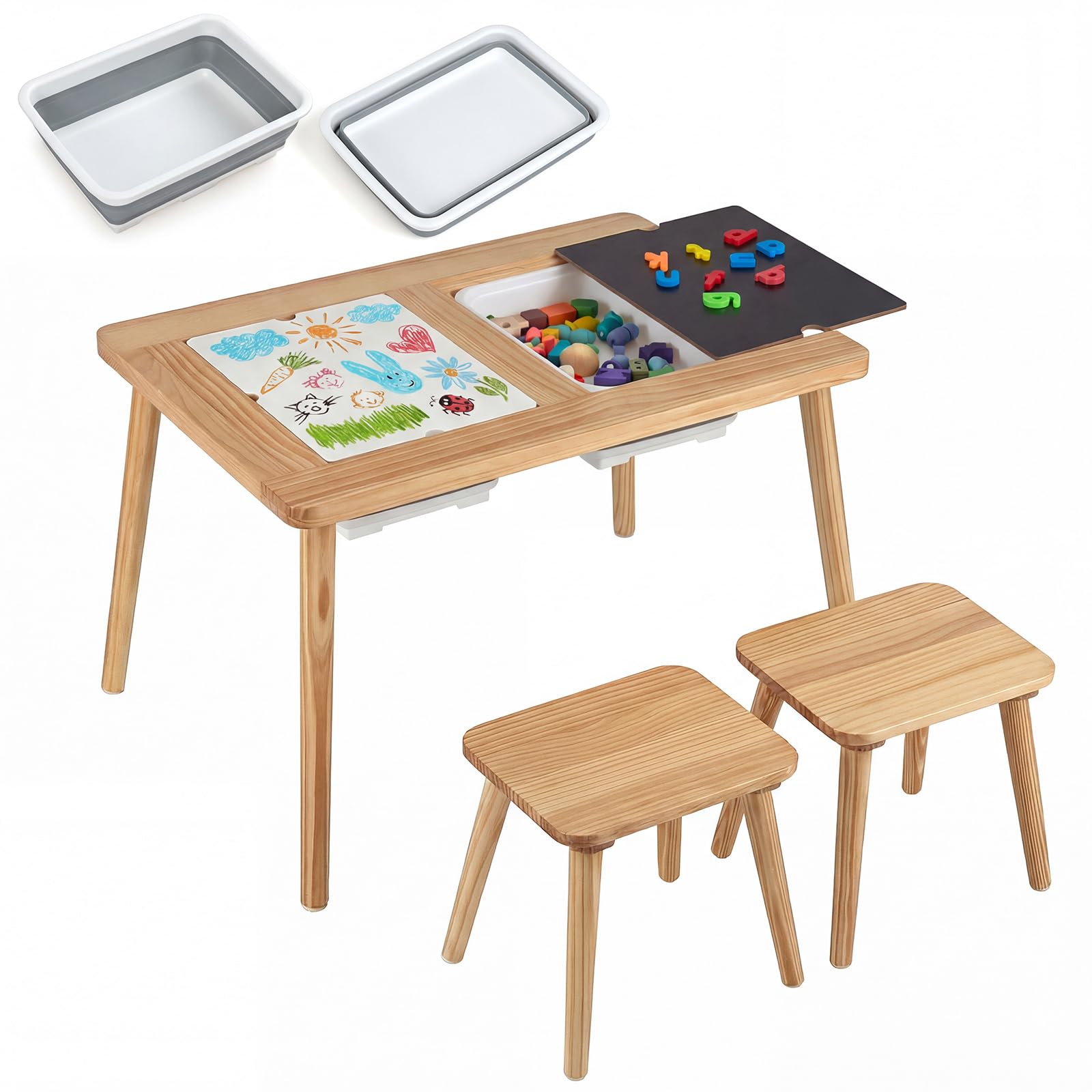 Costzon Sensory Table and Chairs, Wooden Kids Activity Table Set w/Double-Sided Boards & 2 Foldable Storage Bins, All-in-One Toddler Furniture for Drawing, Sand & Water Play (3 PCS,Natural)