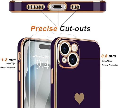 Miniatura 2 de Teageo Funda para iPhone 15 Pro con protector de pantalla 2 unidades para niñas y mujeres, diseño de corazón de amor femenino, funda suave de lujo,