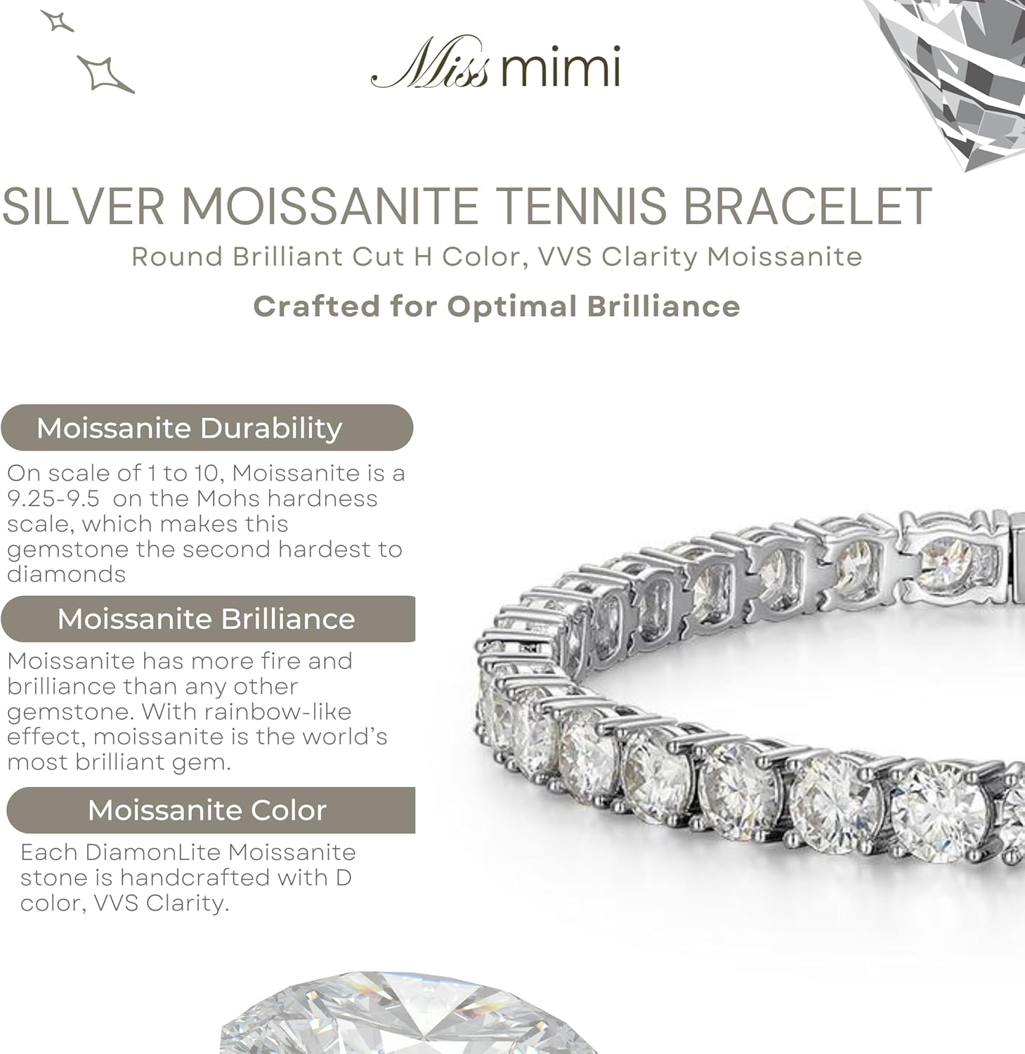 2-10 Ct Moissanite 925 Sterling Silver Tennis Bracelet for Women and Men, 2mm to 4mm Round Cut, Unisex Stackable Eternity Bracelet with Secure Clasp, Lab Created Diamond Alternative, 6.5 & 7.25 Inch