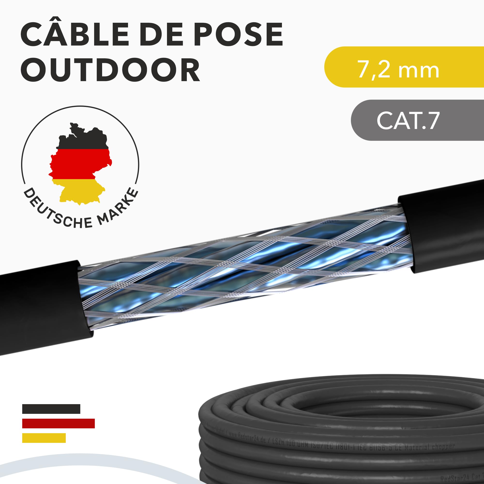 RedStar24 Câble de Réseau Extérieur CAT 7 20m - Câble Ethernet CAT7 Gigabit S/FTP, Cuivre, 1000MHz, Câble d'installation Outdoor PIMF POE 10Gbit LAN, AWG 23/1, Noir, Résistant aux UV