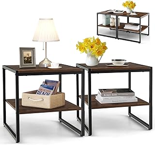 CASART Bedside Tables Set of 2, Wooden Nightstand Tables Industrial Accent End Tables with Shelf, 2PCS Metal Frame Narrow Sofa Side Table for Living Room Bedroom Study
