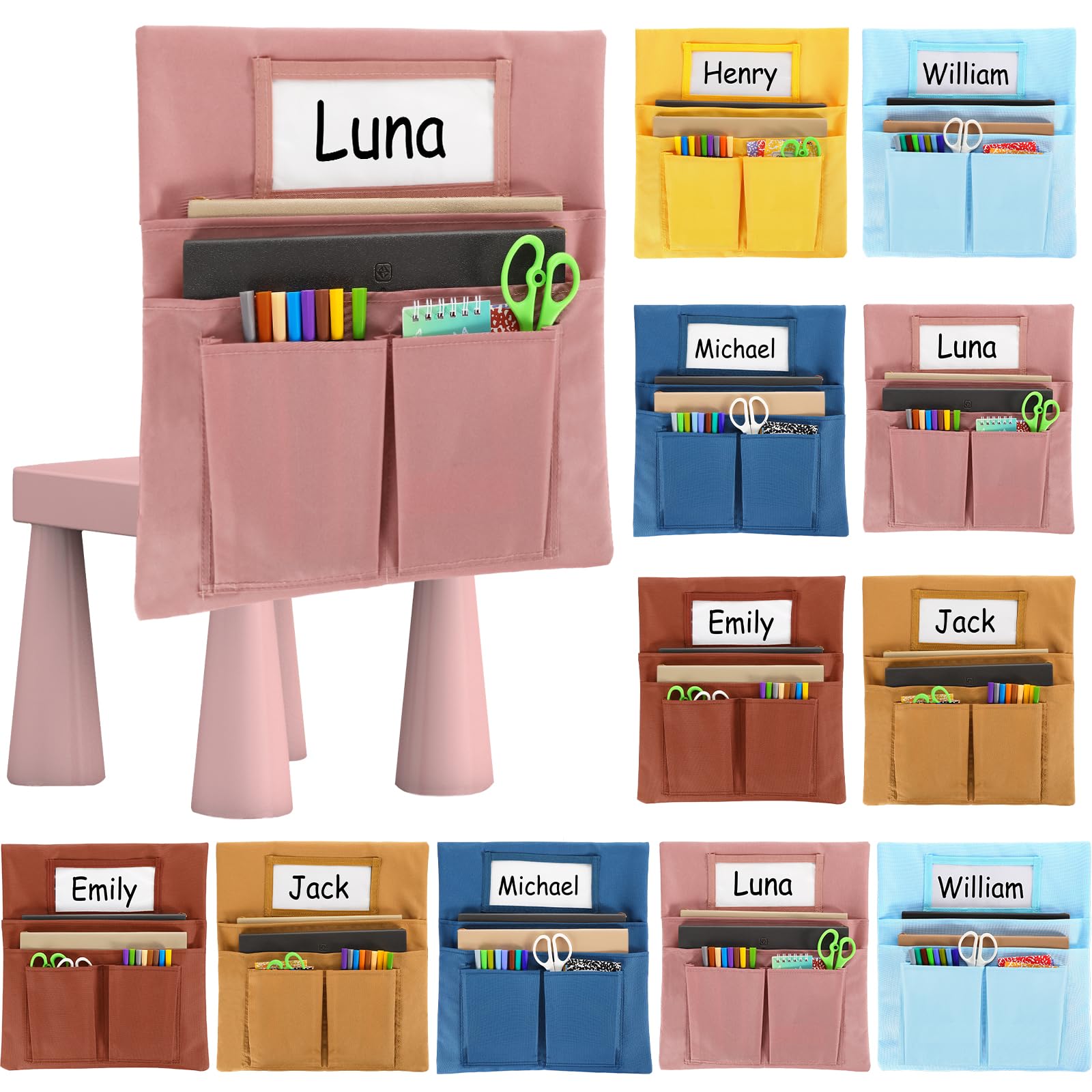 12 Pcs Chair Pockets for Classroom 13 x 14 Inch Seat Sacks with Name Tag for Classroom Chairback Multi Pockets Chairs Seat Back Organizer for Student Elementary School Daycare Home Supply (Groovy)