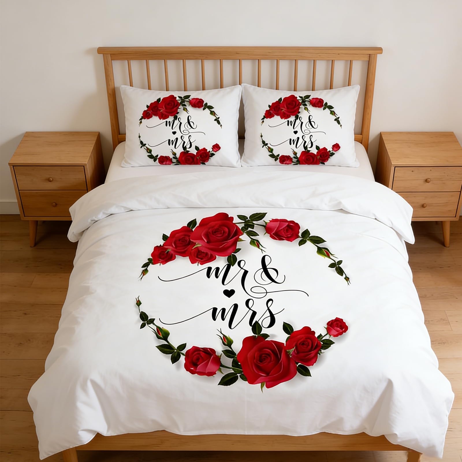 Rouge Motif Fleurs Housse de Couette Set, Créatif Linge de Lit 3 Pcs, Coeur Pétale de Rose, Hommes Femmes 3D Amour Literie (B, 220 x 240 cm)