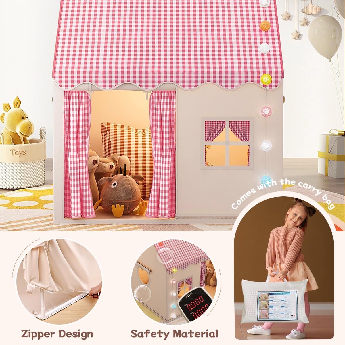 Casa de juegos infantil para interiores, tienda de juegos para interiores, tienda de princesa con ventanas, casa de juegos infantil, esquina acogedora, decoración para habitación infantil (rosa)