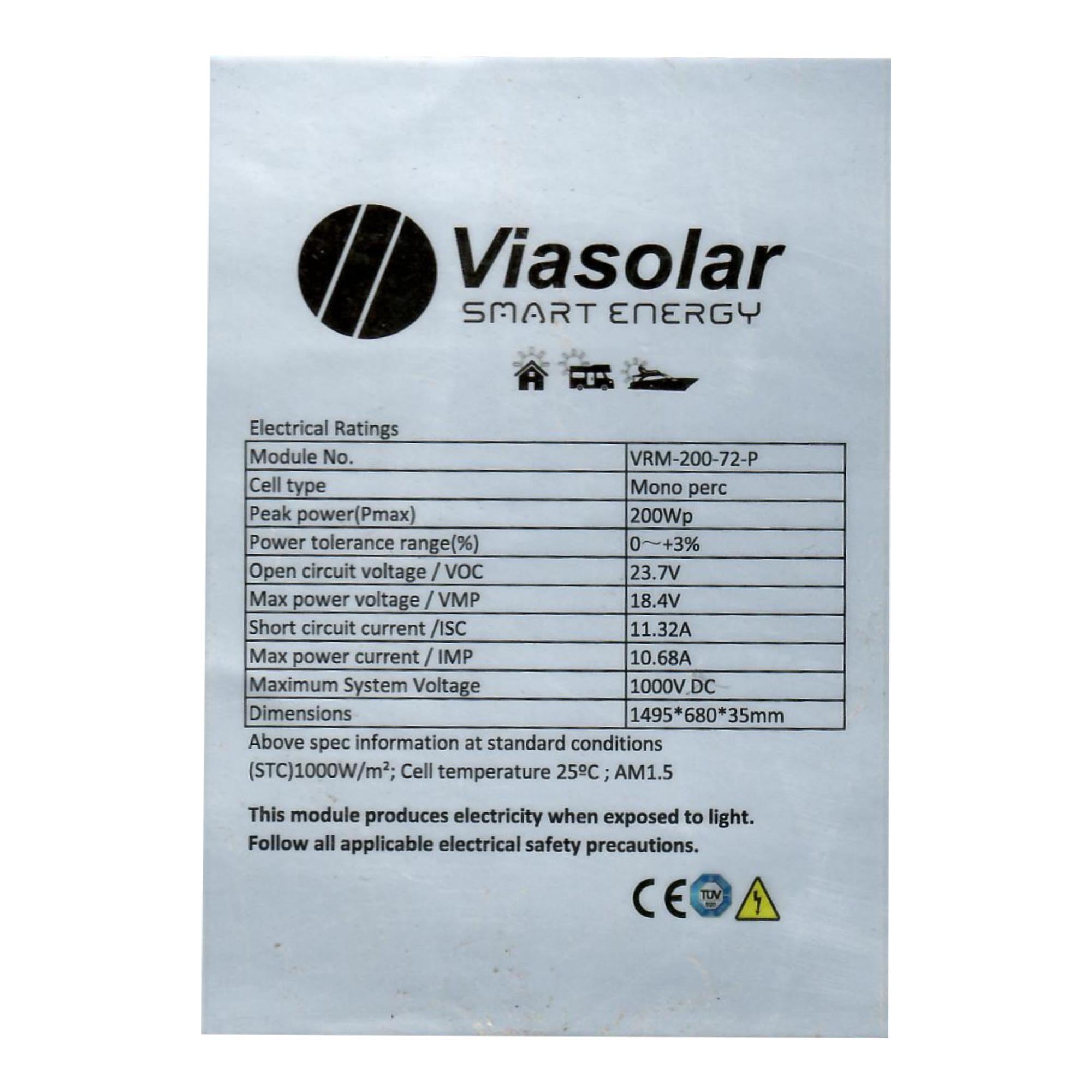 Panel solar 200W monocristalino 12V tecnología PERC alta eficiencia con cable de 5 metros