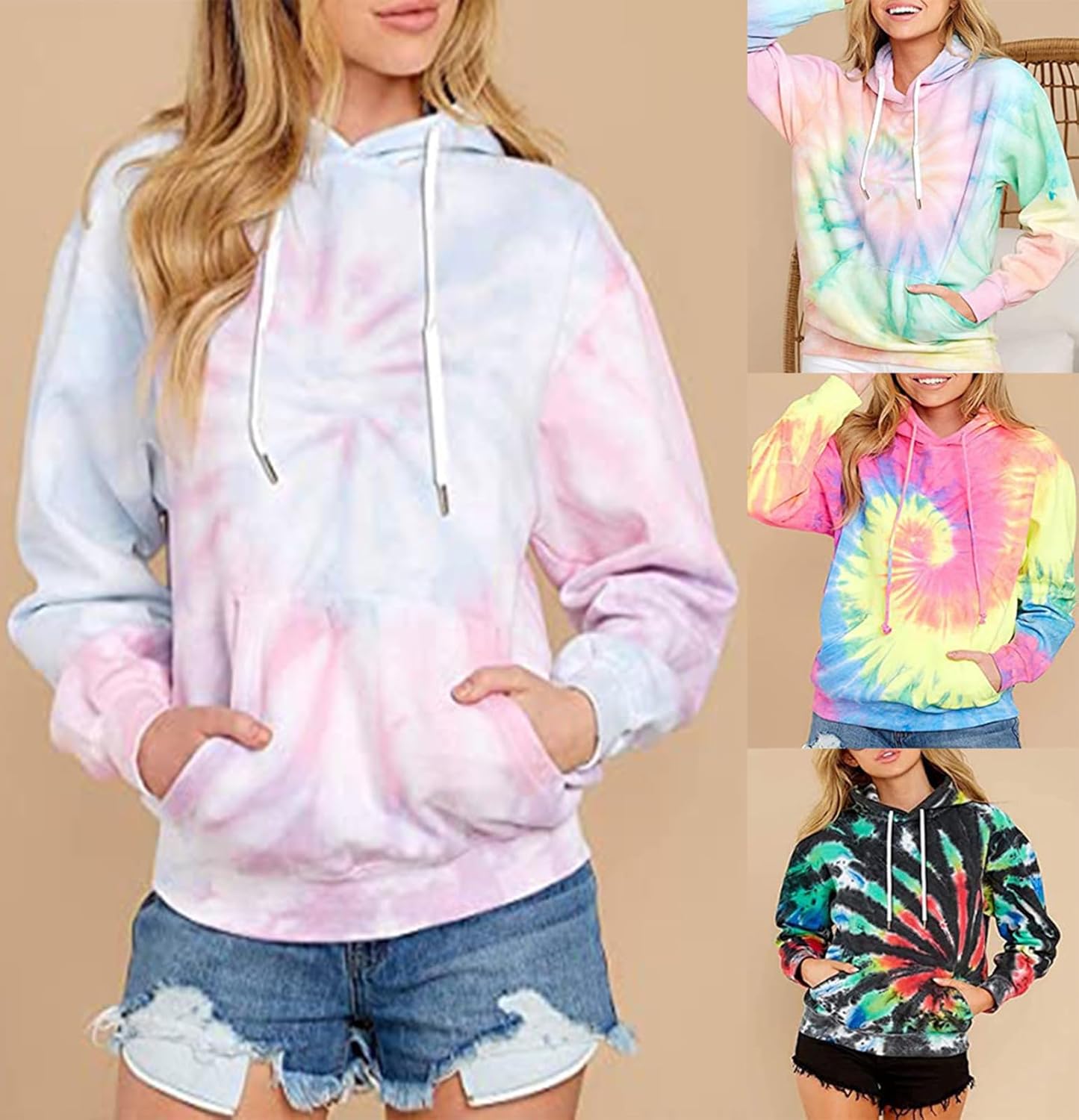 Womens Tie Dye Hoodie Gradient Print Sweatshirt Casual Loose Trendy Long Sleeve Drawstring Pullover - Image 4