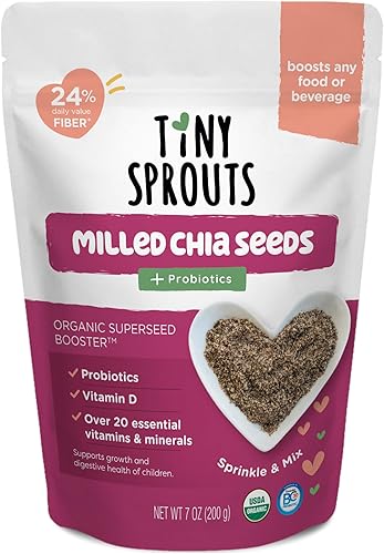Tiny Sprouts Foods Potenciadores orgánicos de supersemillas semillas de chía cultivadas orgánicas con vitamina D + probióticos. Molidas en frío de