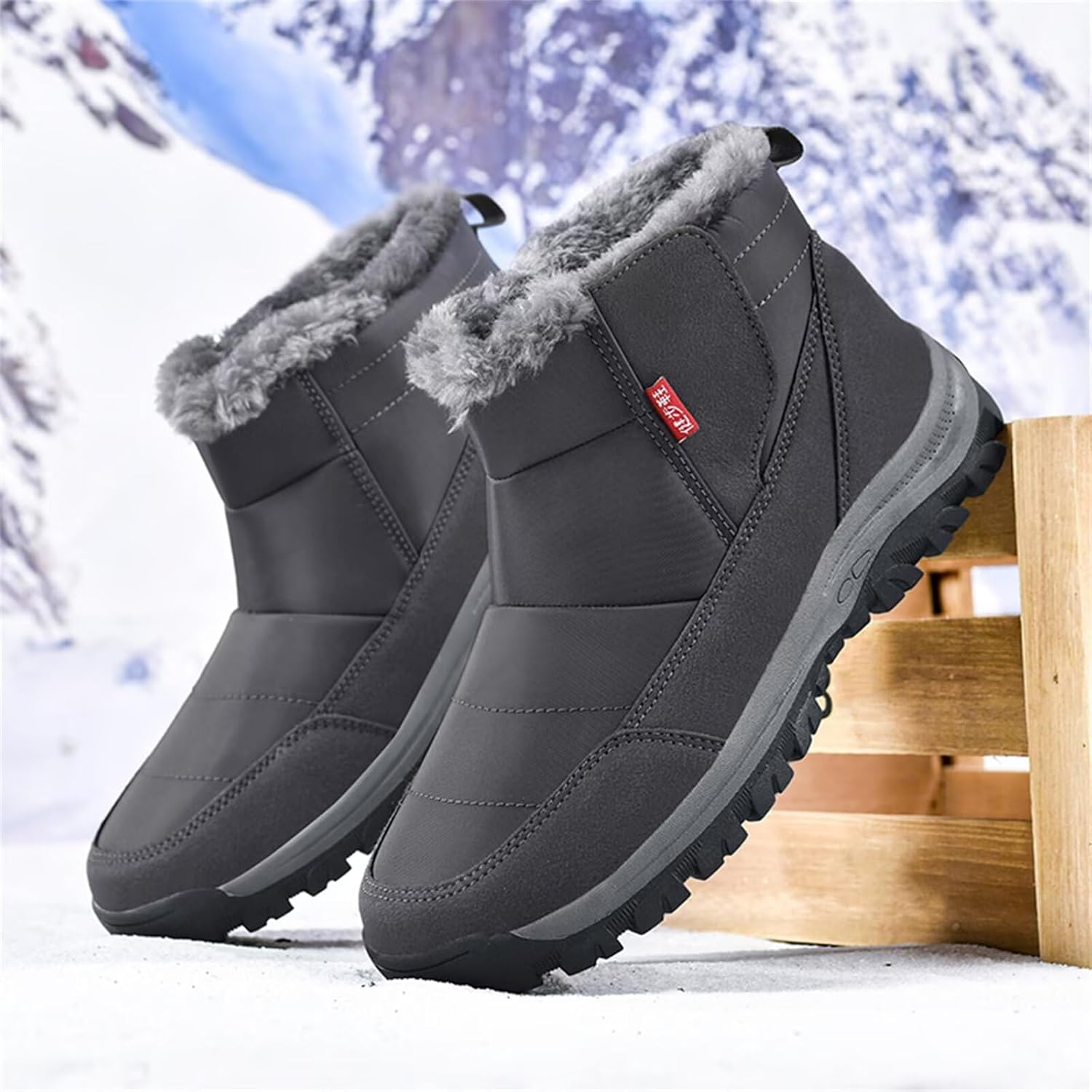Jakcuz Mens Waterproof Warm Faux Fur Hook and Loop Snow Boots Size 38-48 Cotton High Top Non-slip Walking Boot Shoes - Image 2