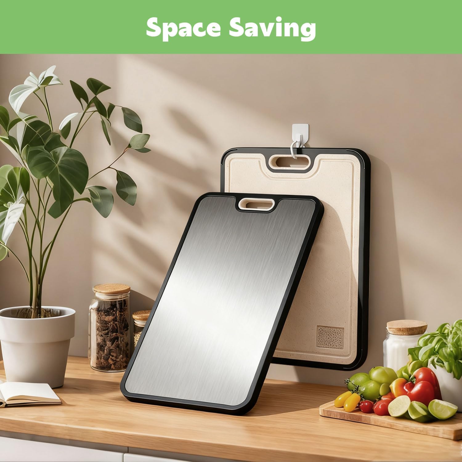 Titanium Cutting Board for Kitchen, Stainless Steel Cutting Board Double Sided Food Grade Cutting Boards Non Toxic Pure Titanium and Wheat Straw PP