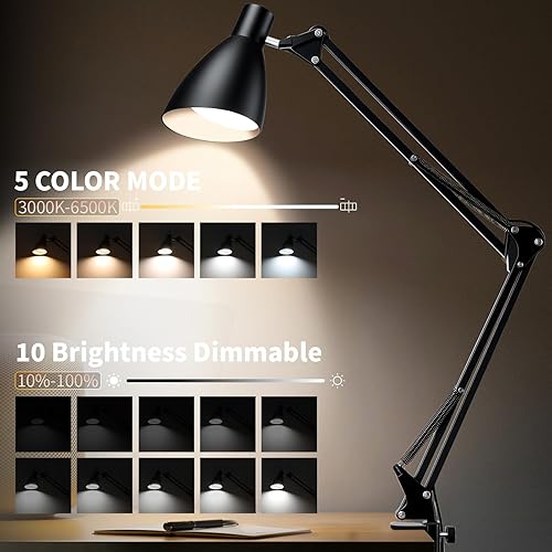 Miniatura 2 de Lámpara de escritorio LED de metal para oficina en casa, lámpara de escritorio de arquitecto con brazo oscilante de 32 pulgadas con abrazadera, 5