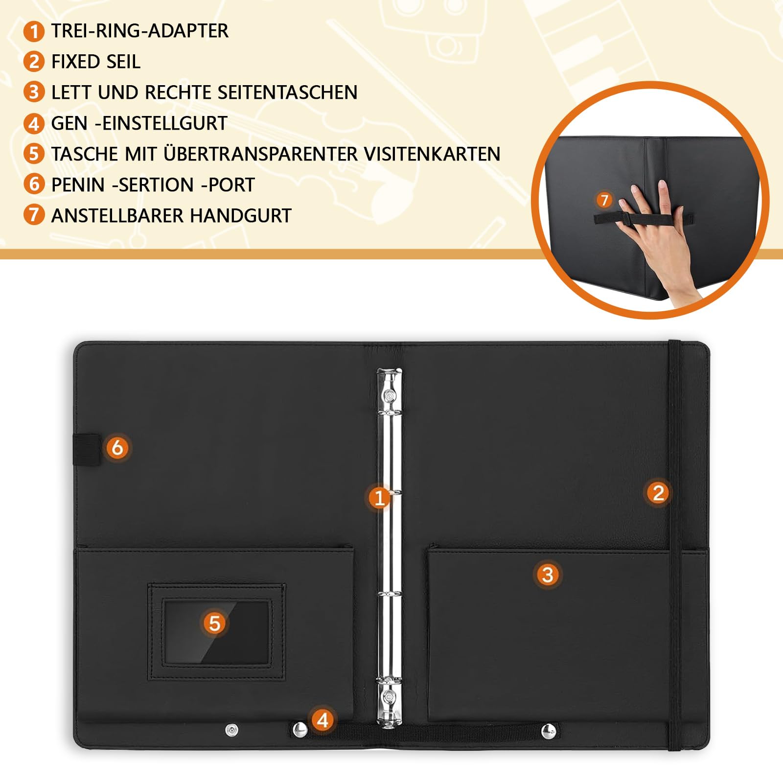 Carpeta para partituras A4 Coro Negro para cantantes con bolsillo interior y correa de mano de lujo a negro para partituras, carpeta para partituras A4 elastina – correa, función impermeable