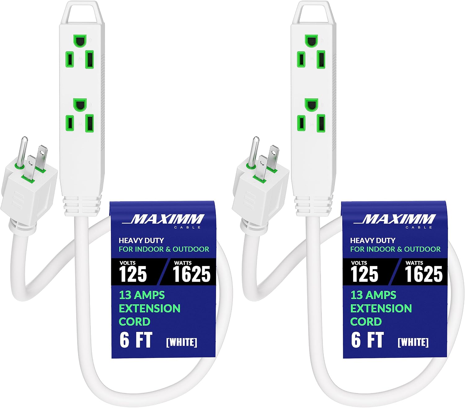 Extension Cord 6 ft, (2-Pack) Outdoor Extension Cord with Multiple Outlets, 16 Gauge (White) ETL Listed