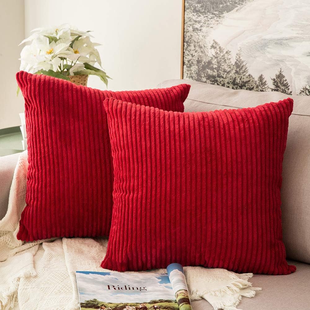 MIULEE Pack of 2 Corduroy Pillow Covers Soft Solid Cushion Cases Decorative Boho Square Throw Pillow Covers Red Neutral Pillowcases for Sofa Bedroom Car 20 x 20 Inch