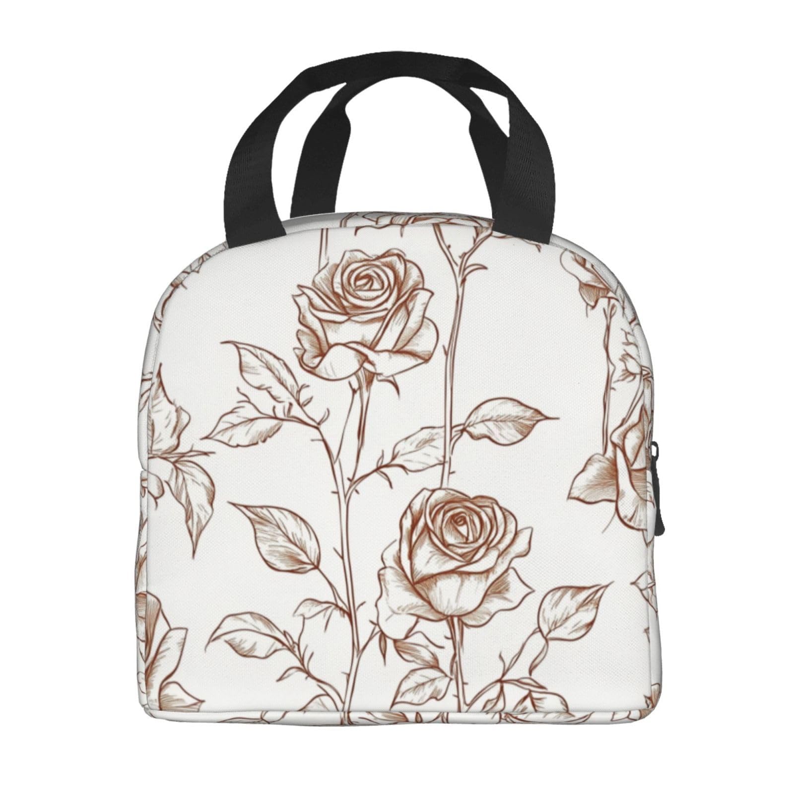 Bolsa Comida Trabajo Mujer Patrón Floral Marrón Y blanca Lunch Bag Para Oficina,Bolsa Almuerzo Frescura,Bolsa De Bolsillo, Lona Impermeable Aislada Para Mujer, Hombre, Escuela Y Oficina