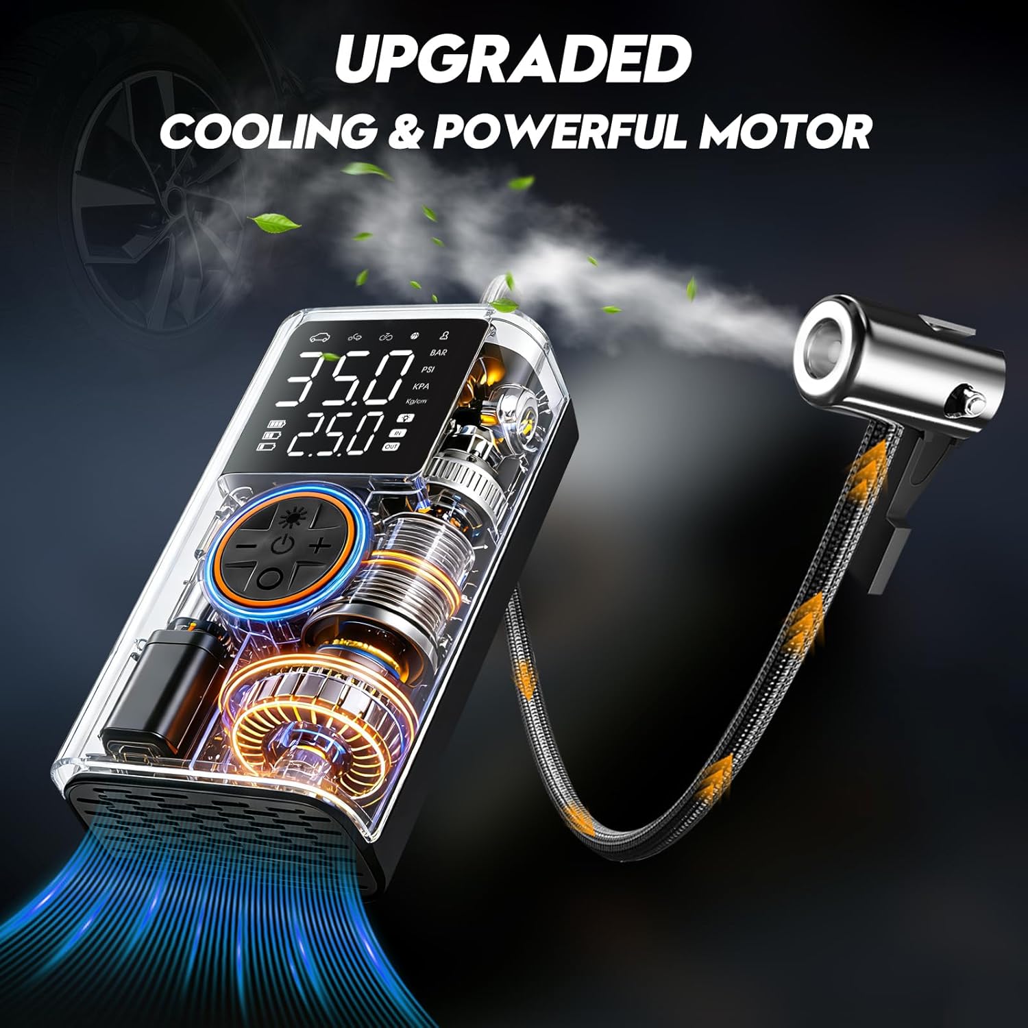 Tire Inflator Portable Air Compressor, 150PSI Dual Power Cordless & 12V Car Plug, Fast Inflation Air Pump with LCD Display & Auto-Stop, for Car Tires, Motorcycle, Bike & Ball