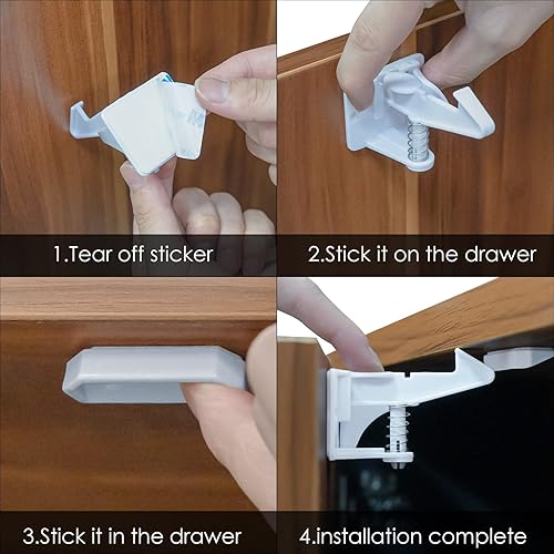 Miniatura 3 de Paquete de 10 cerraduras invisibles a prueba de gatos para cajones, sin taladro, adhesivo de seguridad para mascotas, para aparadores, cocina (negro