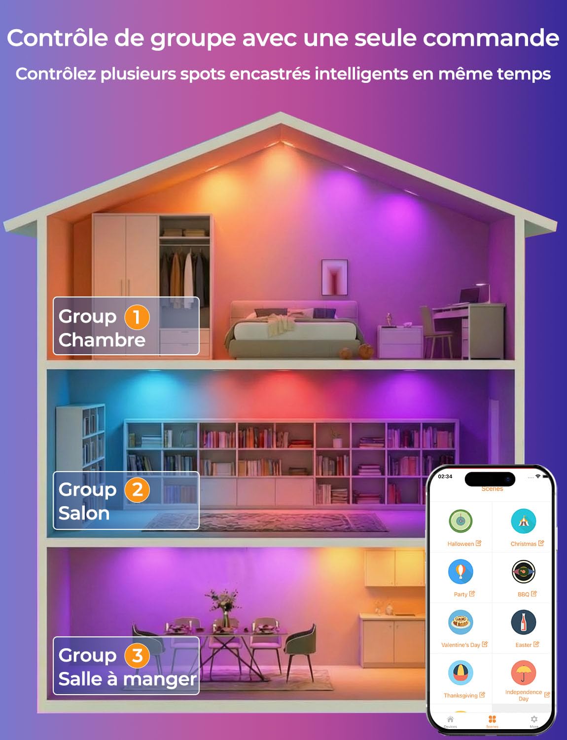 HEKEE Spot LED Encastrable RGB Bluetooth, Ф68-85mm Couleur Spot Encastré Minuterie Via APP，IP44 2700-6000K Spot LED Encastrable (Lot De 6)