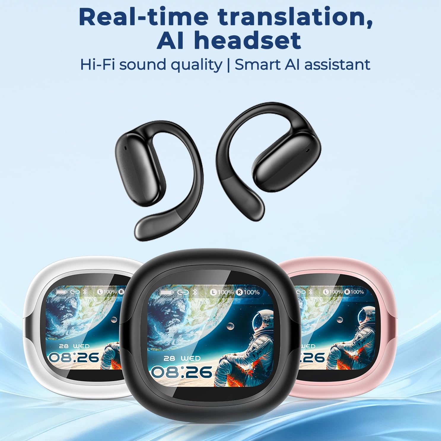 NE58 Open Ear Übersetzer Kopfhörer Echtzeit, 134 Sprachen Sprachübersetzer Kabellos mit Ohrhaken, Bluetooth 6.0 Open-Ear Kopfhörer, LED Touchscreen Case, Noise Cancelling ，Schwarz