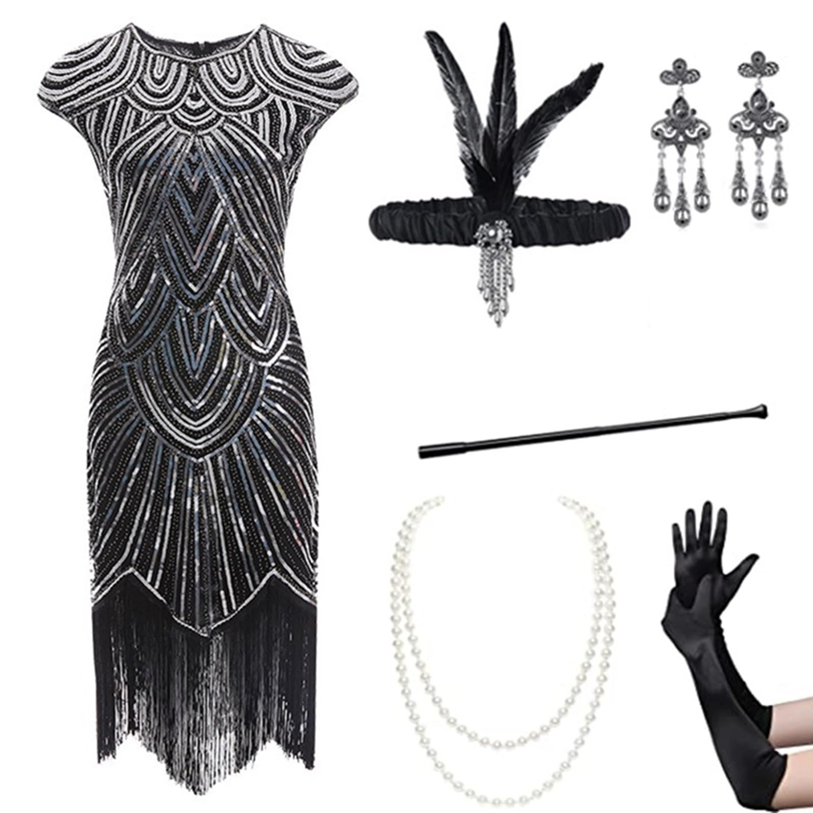 Vestido de noche para mujer de los años 20, cuello en V, lentejuelas, cuentas, flecos, vestido con conjunto de accesorios de 20