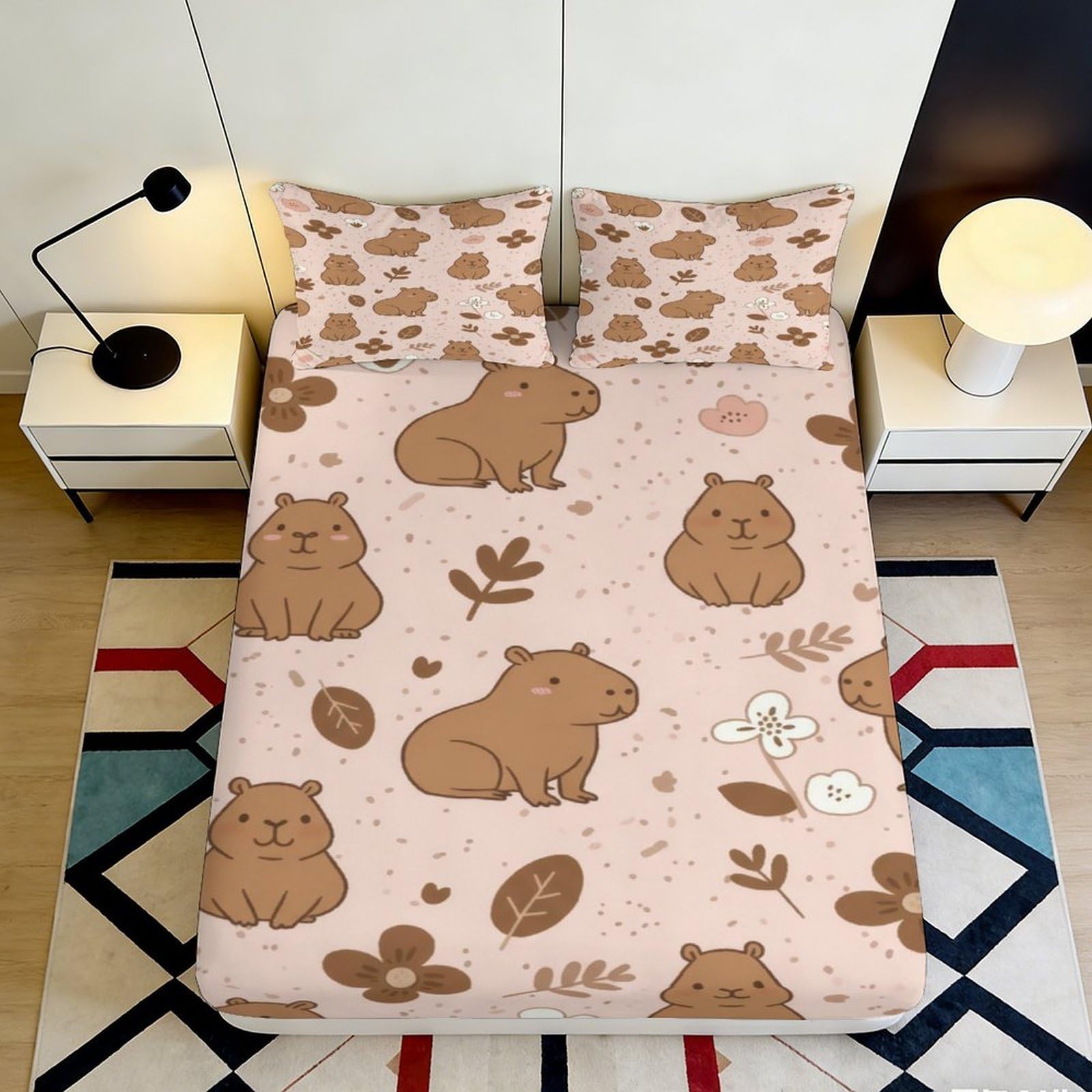 3D Printed Capybara Cartoon Fitted Sheet Microfiber Soft Breathable Animal Pattern Mattress Cover for Bedroom Dorm Decor 120x200x25cm