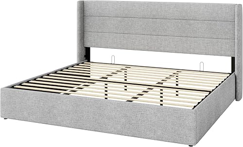 Miniatura 69 de SHA CERLIN Cama de Almacenamiento Elevable Tamaño King/Tapizada en Terciopelo/Cabecera Moderna con Respaldo de Ala/Marco de Cama Plataforma