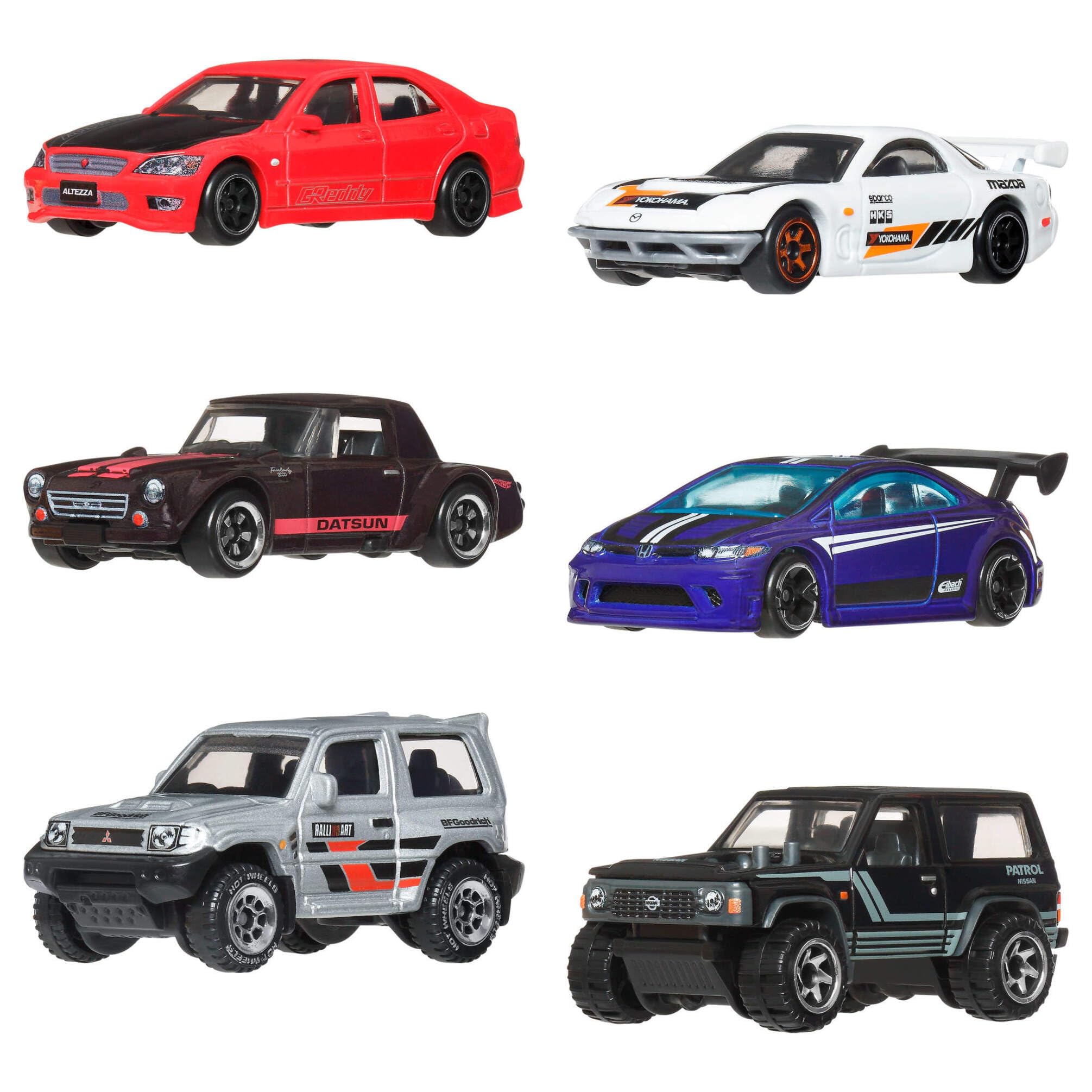 Hot Wheels 1:64 Scale Die-Cast Toy Cars, Set of 6 Japanese Vehicles with Elevated Deco (Styles May Vary), JLB23