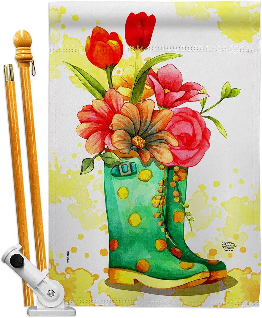 Spring Boots House Flag Garden Floral Sunflower Tulip Rose Orchid Lilies Season Springtime Flower Wreath Small Decorative Gift Yard Banner Made In USA 28 X 40