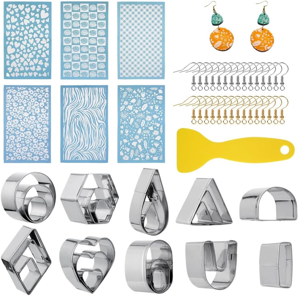 Polymer Clay Cutter & Stencil Kit, 6 Silk Screen Stencils, 24 Cutters, 30 Earring Hooks, Paint Scraper for DIY Jewelry