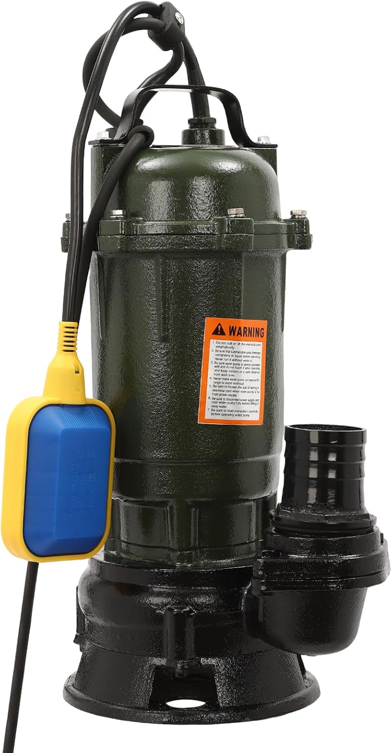 0.5HP Sewage/Effluent Grinder Pump, Submersible Basement Sewer Pump, Sump Ejector Pump, Cast Iron Sump Ejector Pump for Sump Basin, Basement, Residential Sewage, with 10ft Cable
